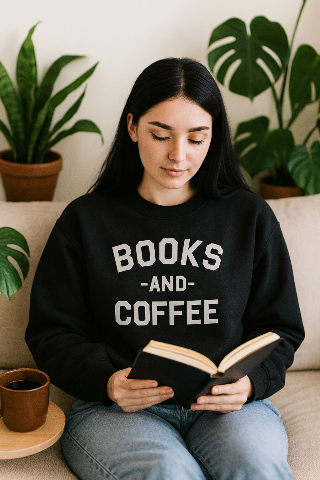 Woman wearing a black sweatshirt with 'BOOKS AND COFFEE' text, reading a book in a cozy room with plants.