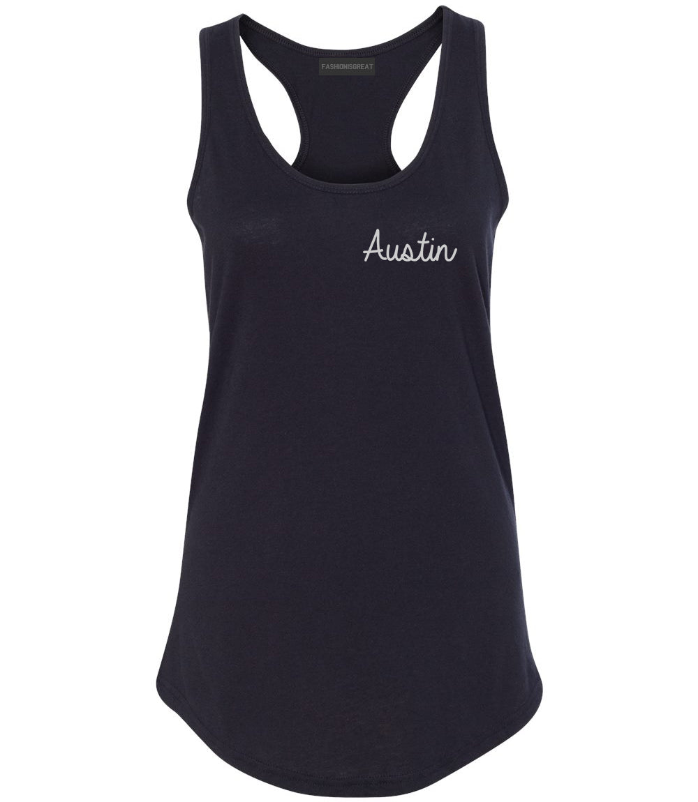 Austin Texas Script Chest Black Womens Racerback Tank Top