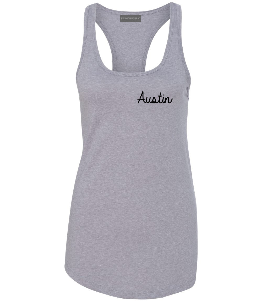Austin Texas Script Chest Grey Womens Racerback Tank Top