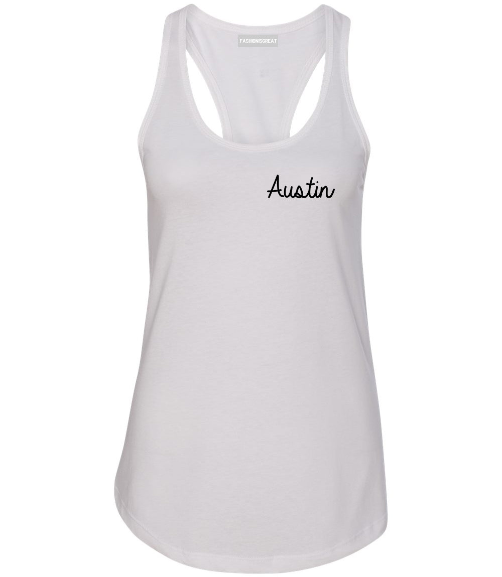 Austin Texas Script Chest White Womens Racerback Tank Top