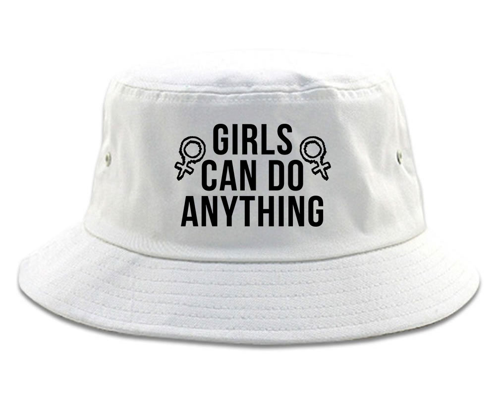 Girls Can Do Anything Feminist Logo Bucket Hat White