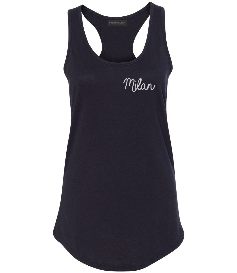 Milan Italy Script Chest Black Womens Racerback Tank Top