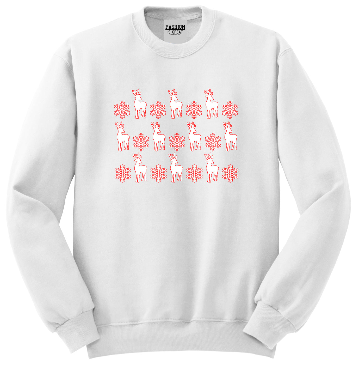 Reindeer Snowflake Christmas Red White Crewneck Sweatshirt