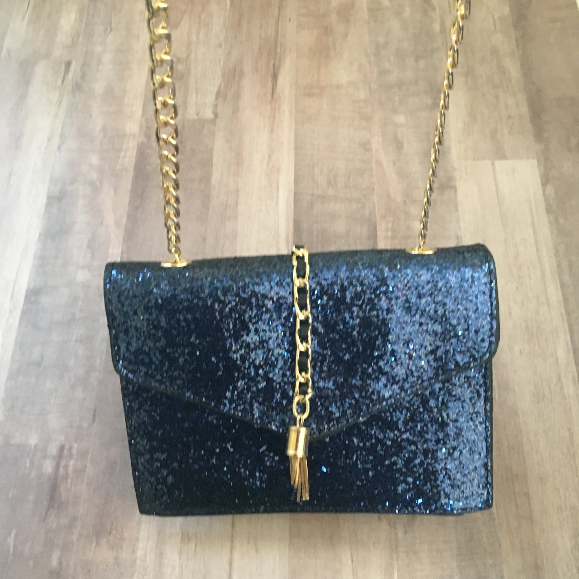 Dark Blue Glitter Clutch with Chain Strap