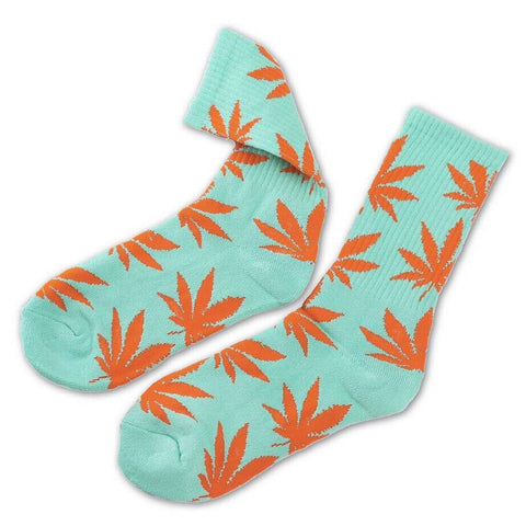Light Blue With Orange Marijuana Leaves Weed Socks