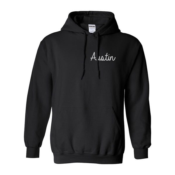 Austin Texas Script Chest Black Womens Pullover Hoodie