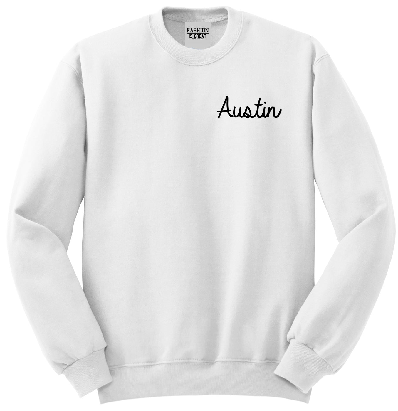 Austin Texas Script Chest White Womens Crewneck Sweatshirt