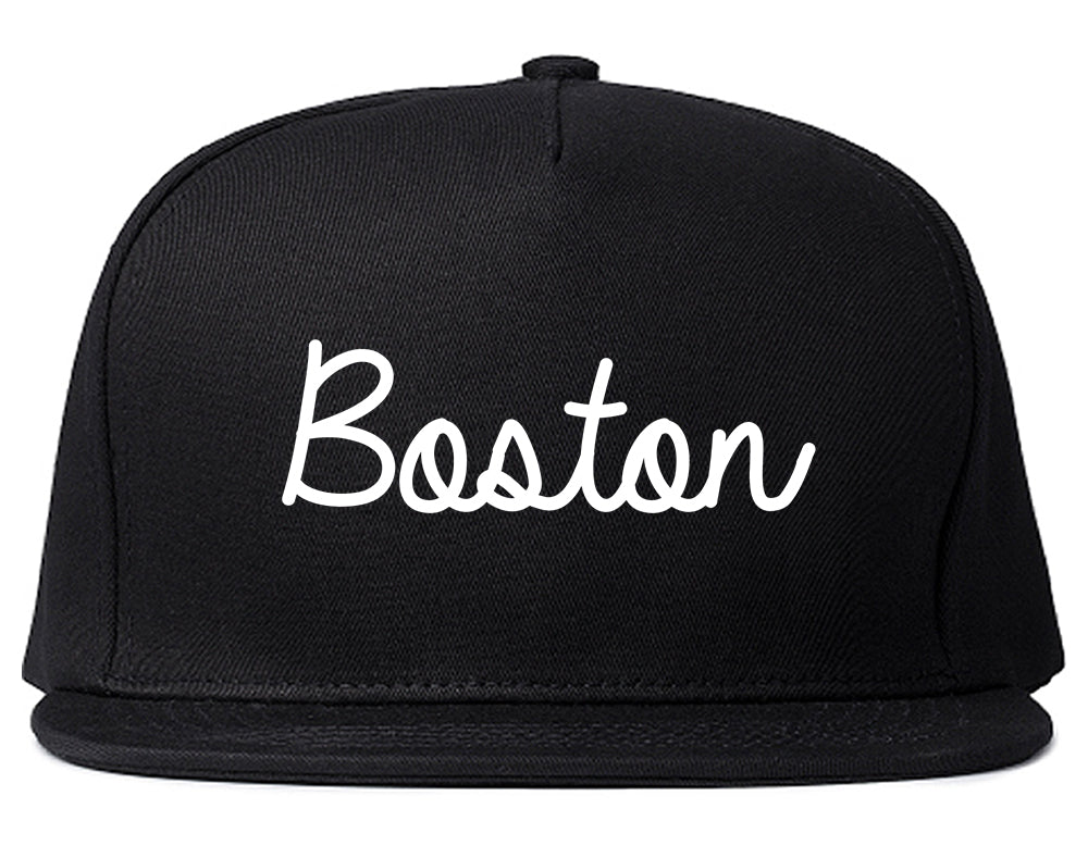 Boston Mass Script Chest Black Snapback Hat