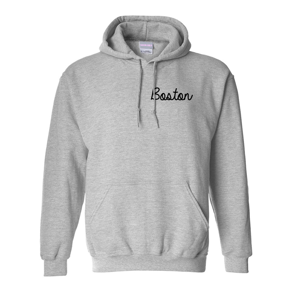 Boston Mass Script Chest Grey Womens Pullover Hoodie