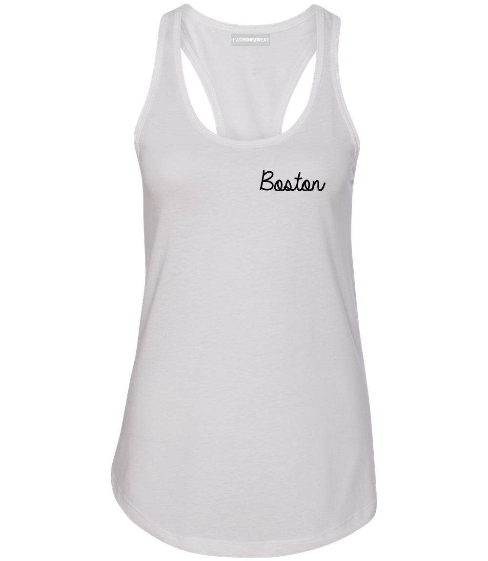 Boston Mass Script Chest White Womens Racerback Tank Top