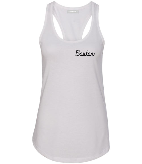 Boston Mass Script Chest White Womens Racerback Tank Top
