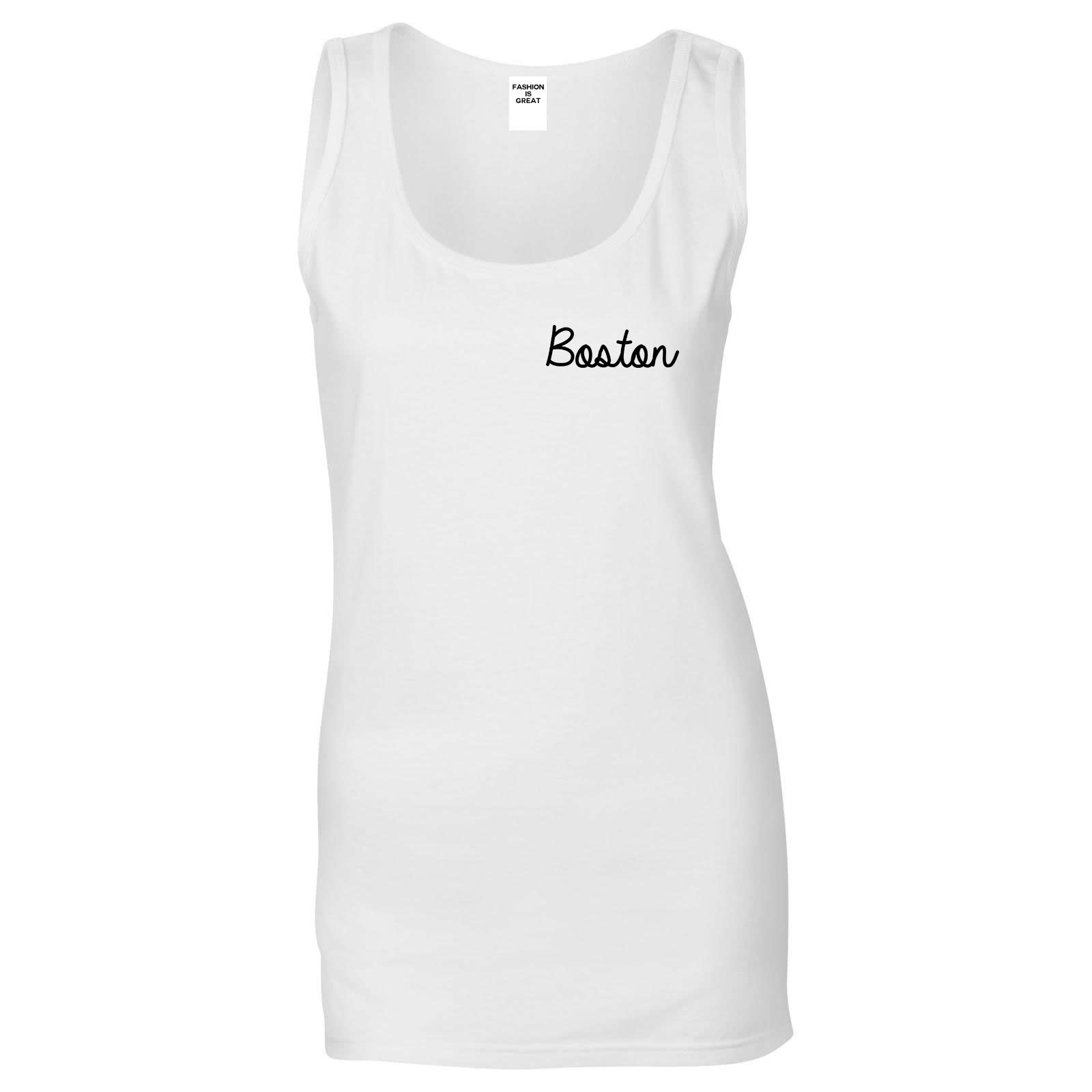 Boston Mass Script Chest White Womens Tank Top