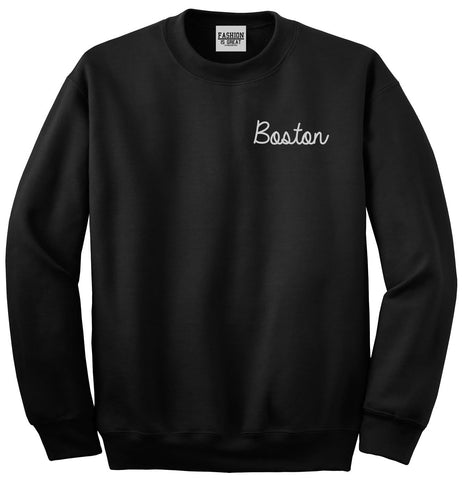 Boston Mass Script Chest Black Womens Crewneck Sweatshirt