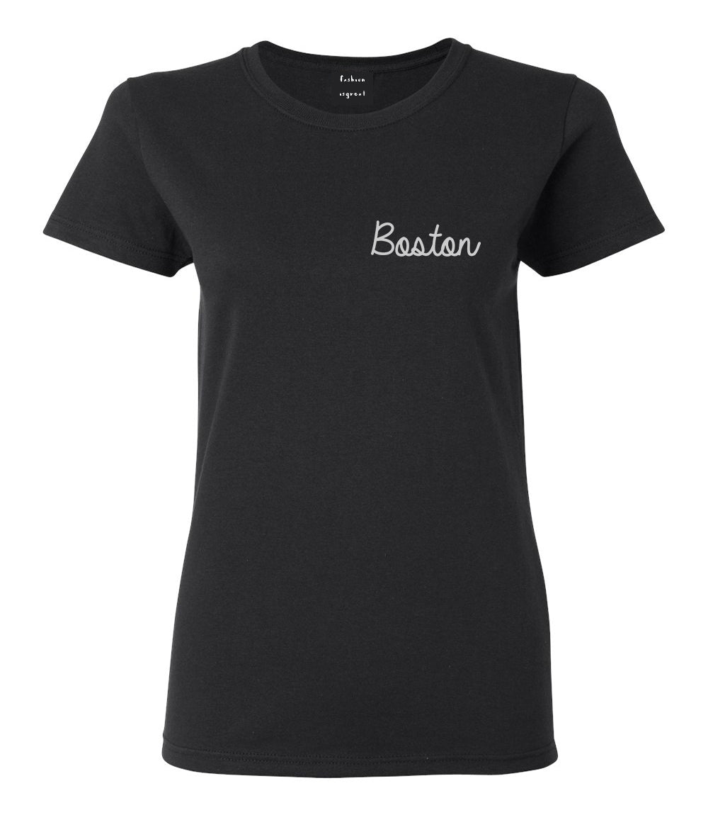 Boston Mass Script Chest Black Womens T-Shirt