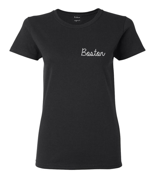 Boston Mass Script Chest Black Womens T-Shirt