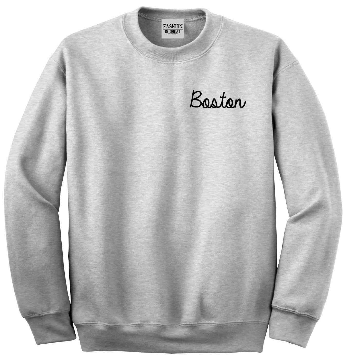 Boston Mass Script Chest Grey Womens Crewneck Sweatshirt