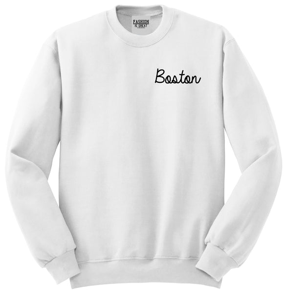 Boston Mass Script Chest White Womens Crewneck Sweatshirt
