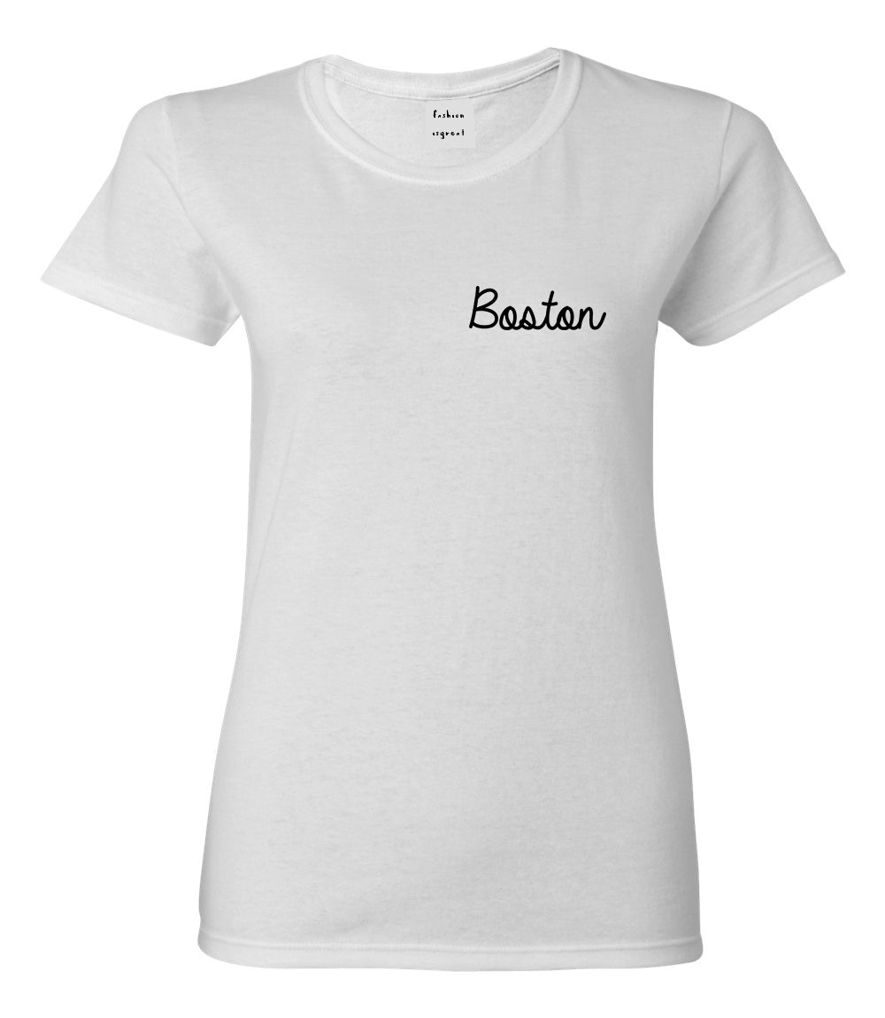 Boston Mass Script Chest White Womens T-Shirt