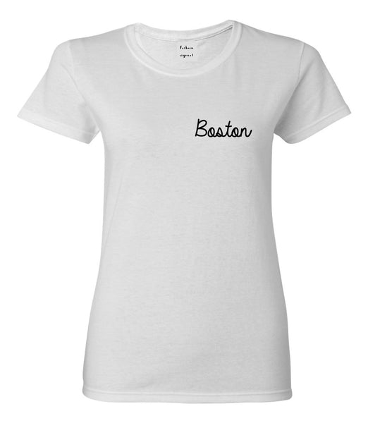 Boston Mass Script Chest White Womens T-Shirt
