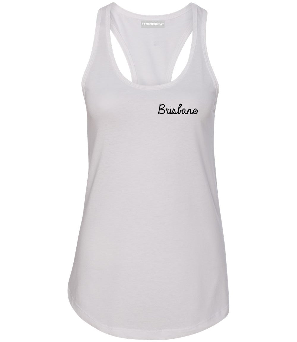 Brisbane Australia Script Chest White Womens Racerback Tank Top