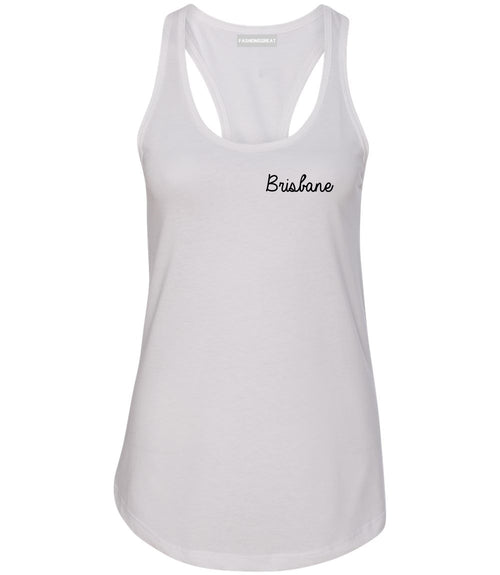 Brisbane Australia Script Chest White Womens Racerback Tank Top
