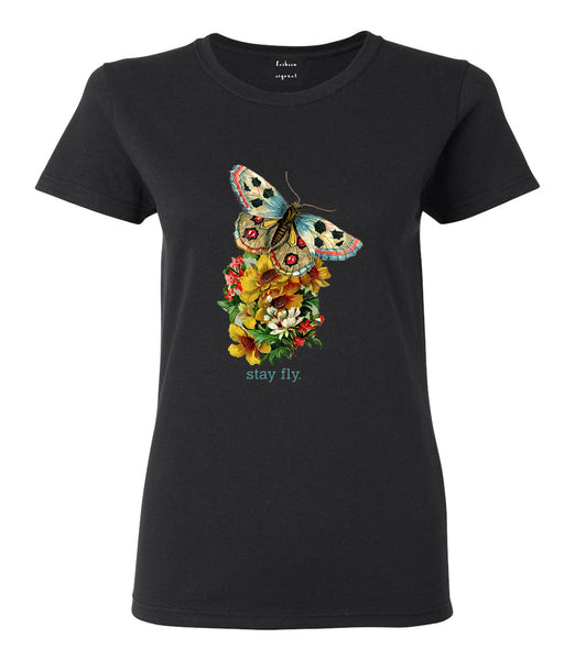 Butterfly Stay Fly Womens Graphic T-Shirt Black