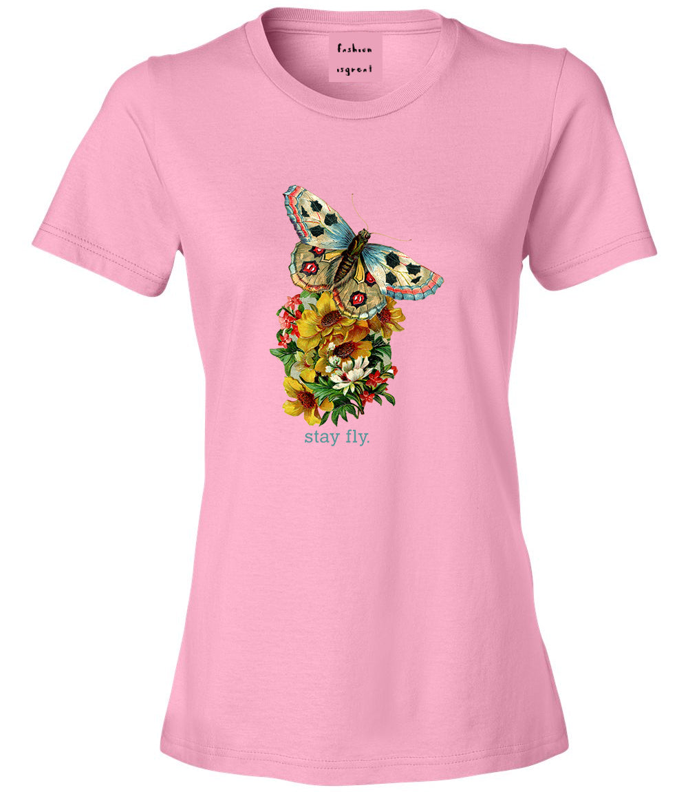 Butterfly Stay Fly Womens Graphic T-Shirt Pink