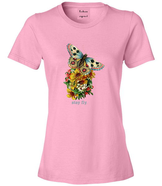 Butterfly Stay Fly Womens Graphic T-Shirt Pink