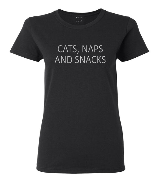Cats Naps And Snacks Cat Lover Womens Graphic T-Shirt Black
