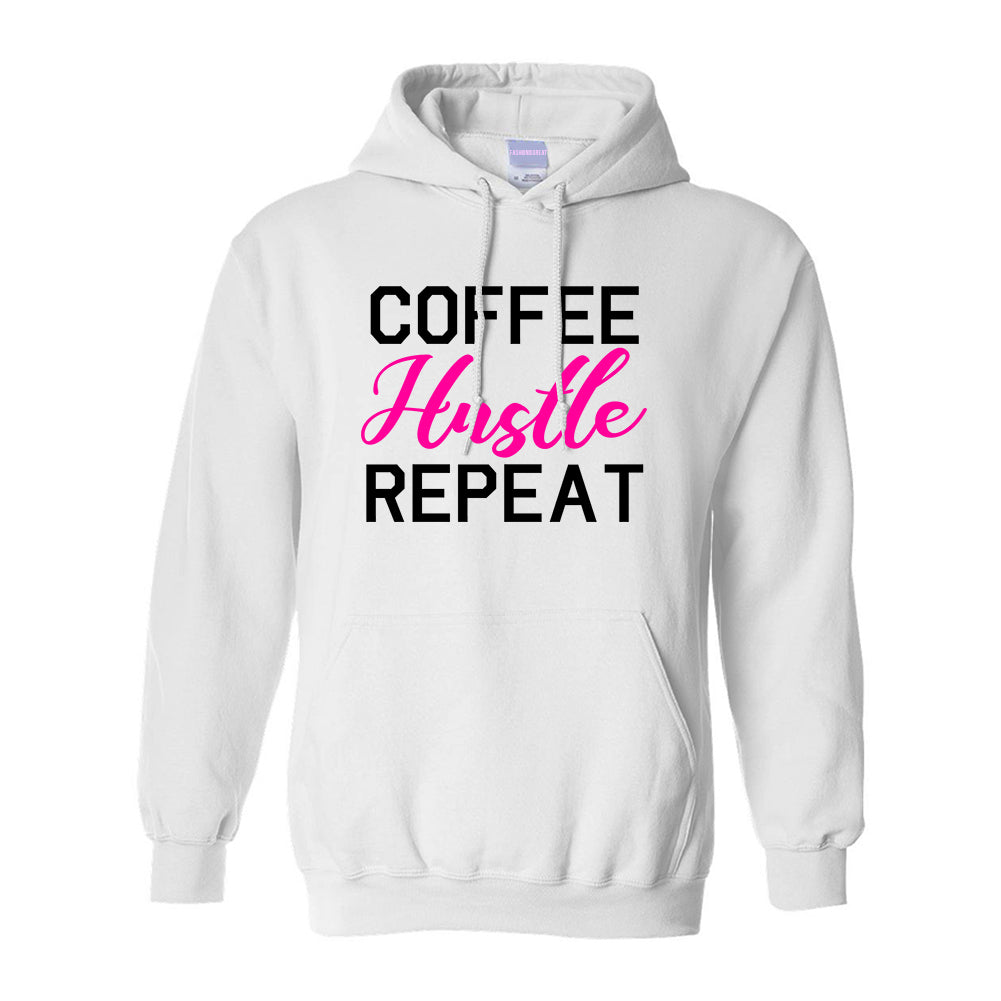 Coffee Hustle Repeat Funny White Pullover Hoodie