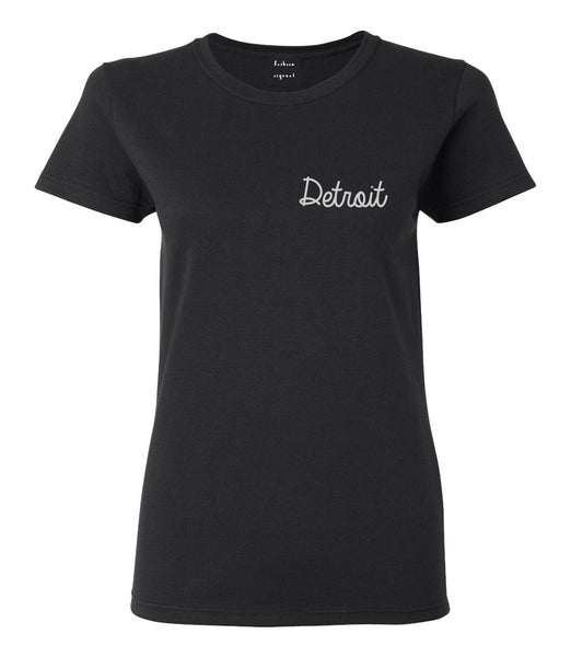 Detroit Michigan Script Chest Black Womens T-Shirt