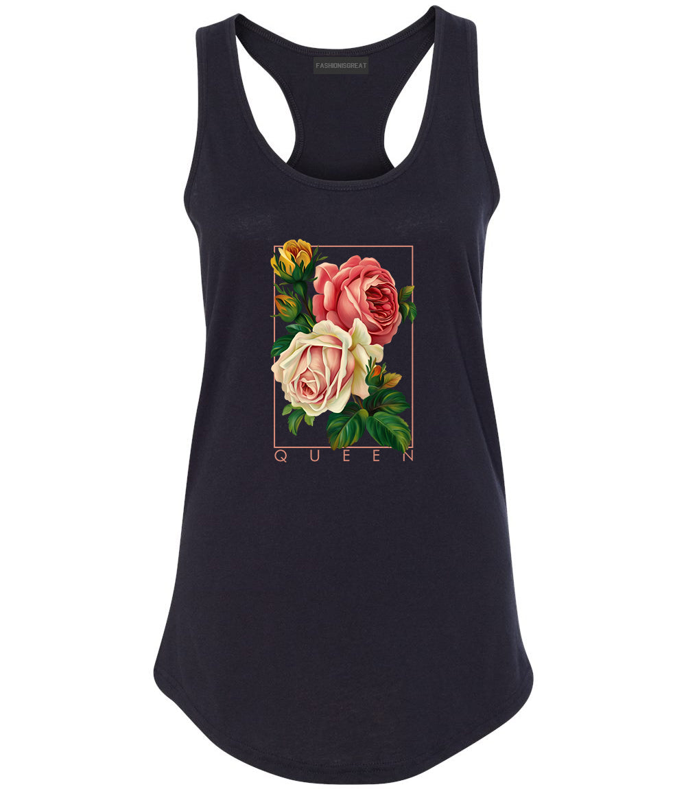 Flower Queen Pink Roses Womens Racerback Tank Top Black