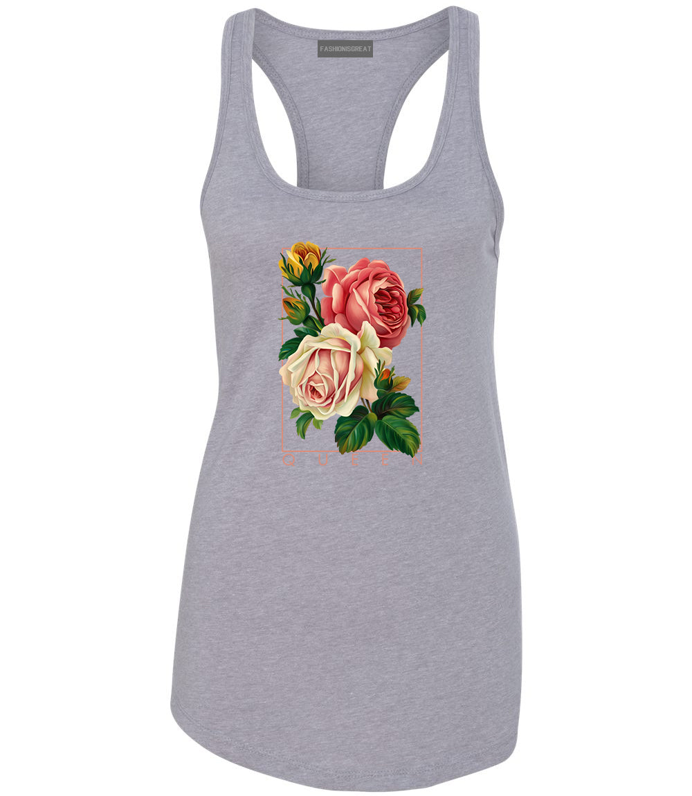 Flower Queen Pink Roses Womens Racerback Tank Top Grey