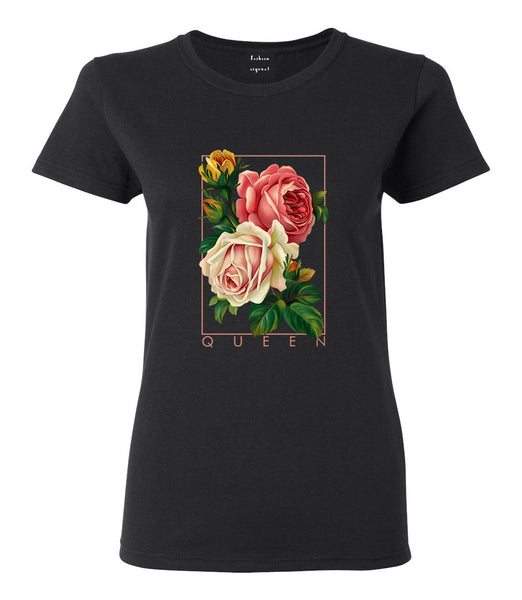 Flower Queen Pink Roses Womens Graphic T-Shirt Black