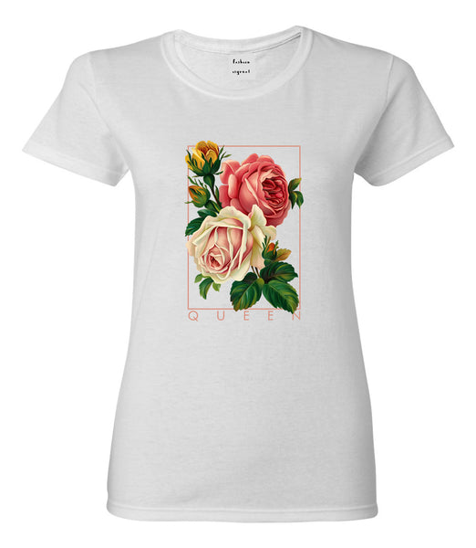 Flower Queen Pink Roses Womens Graphic T-Shirt White