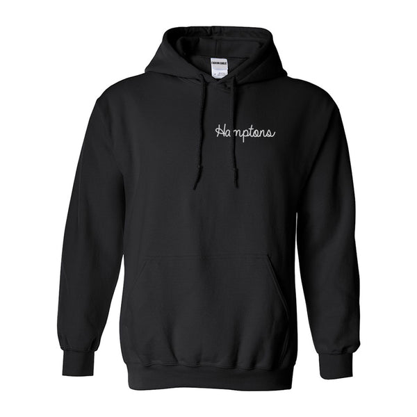 Hamptons NY Script Chest Black Womens Pullover Hoodie