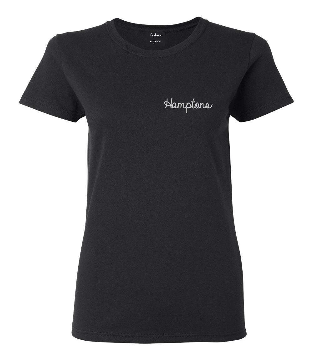 Hamptons NY Script Chest Black Womens T-Shirt