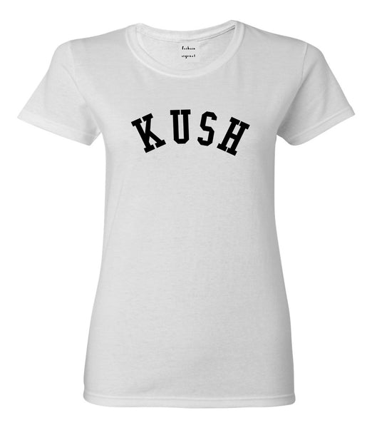 Kush Curved College Weed Womens Graphic T-Shirt White