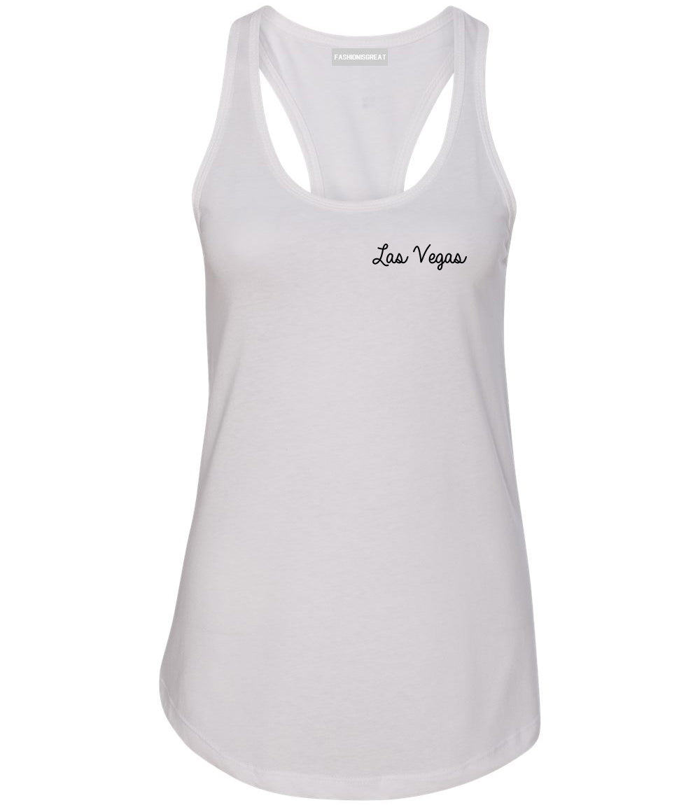 Las Vegas Script Chest White Womens Racerback Tank Top
