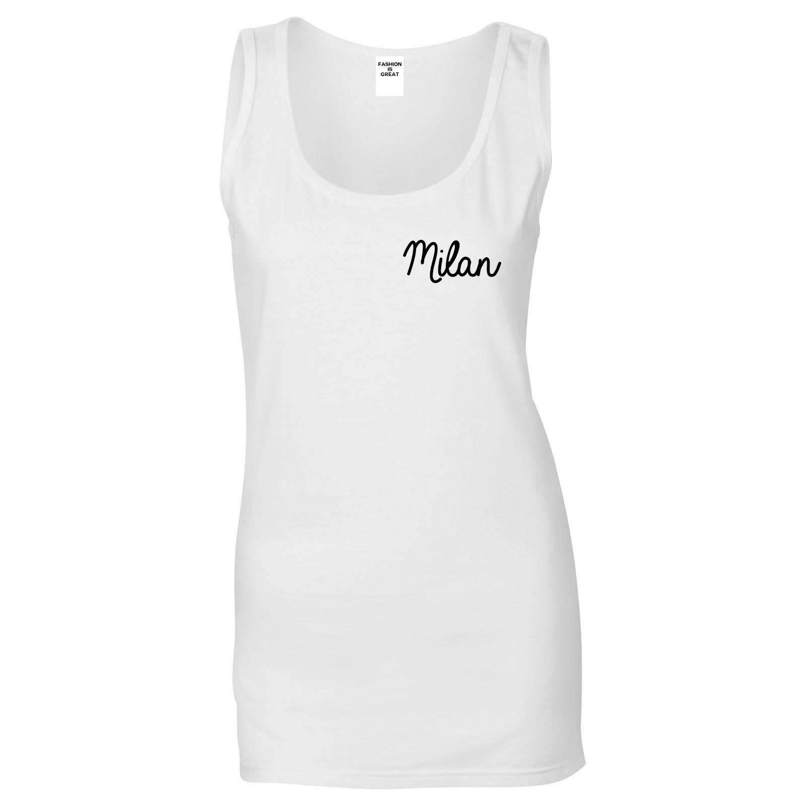 Milan Italy Script Chest White Womens Tank Top