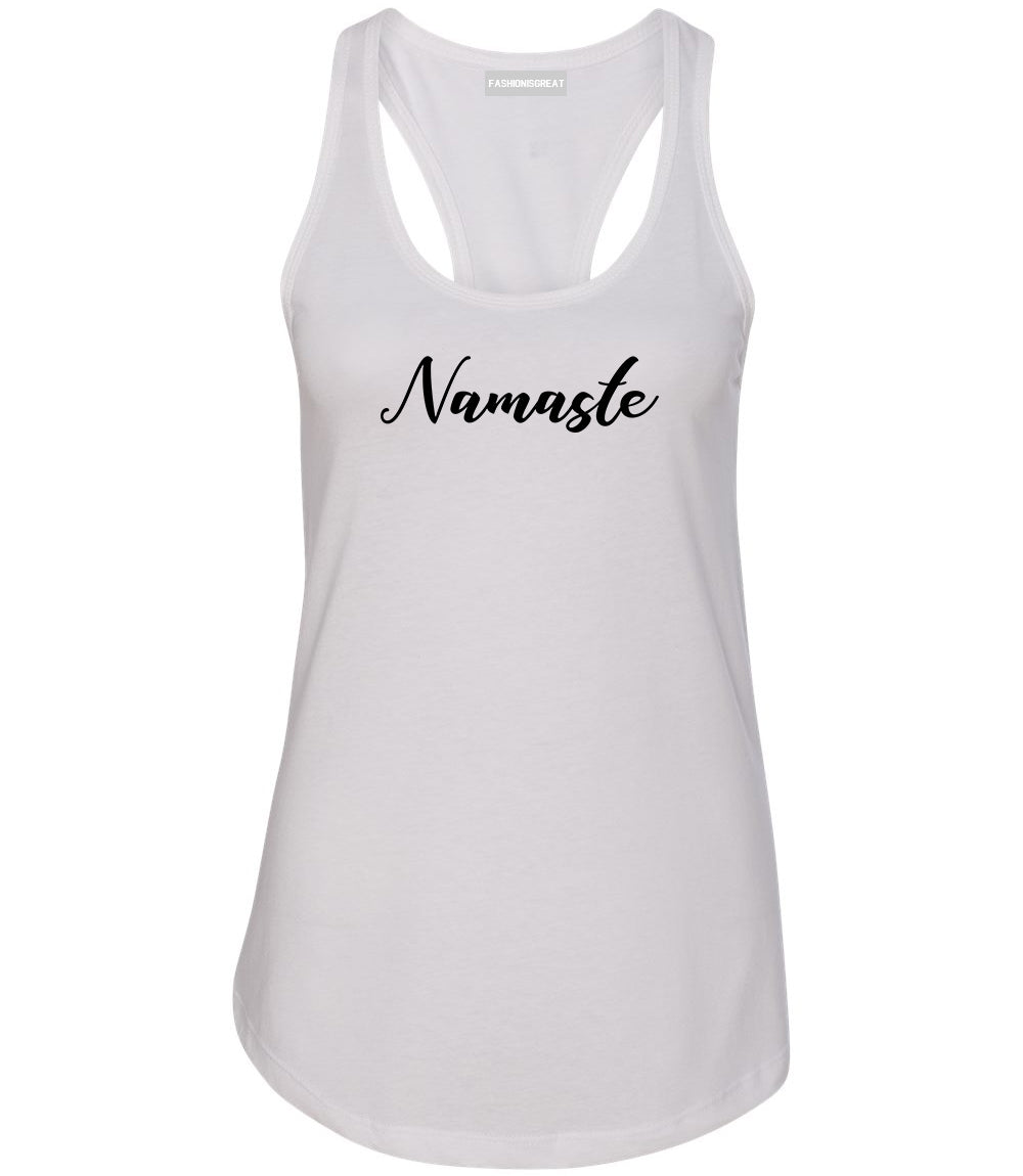 Namaste Yoga Script White Womens Racerback Tank Top
