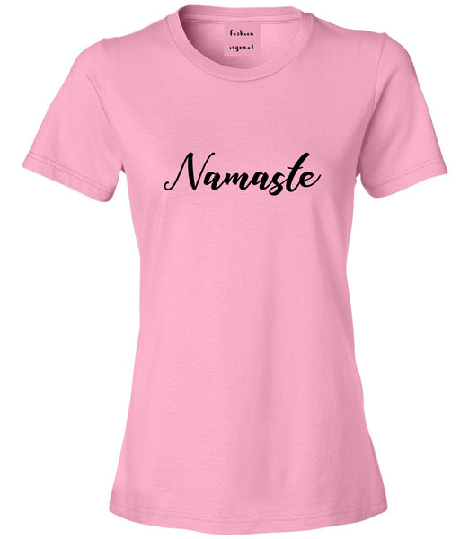 Namaste Yoga Script Pink Womens T-Shirt