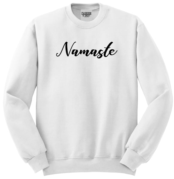 Namaste Yoga Script White Womens Crewneck Sweatshirt