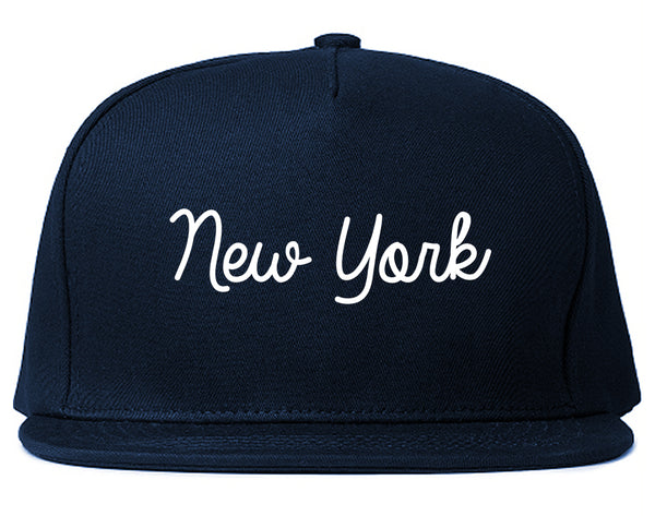New York NY Script Chest Blue Snapback Hat