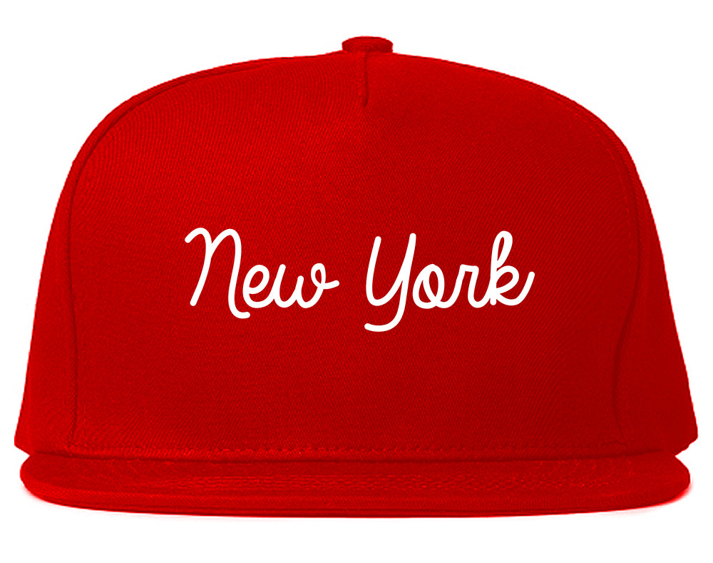 New York NY Script Chest Red Snapback Hat