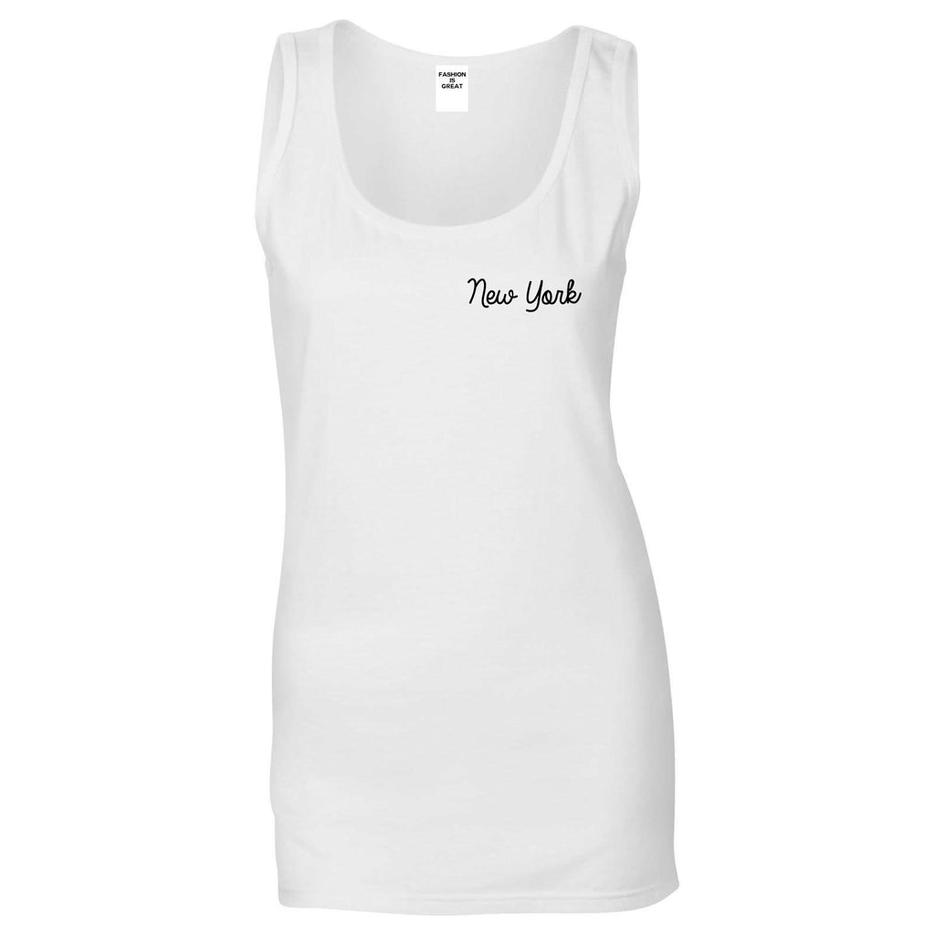 New York NY Script Chest White Womens Tank Top