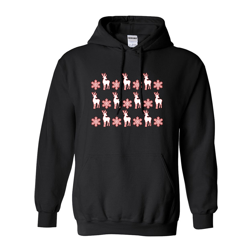 Reindeer Snowflake Christmas Red Black Pullover Hoodie