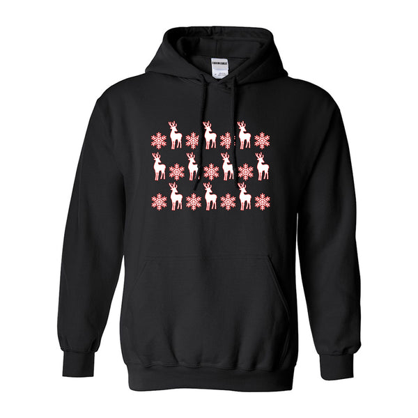 Reindeer Snowflake Christmas Red Black Pullover Hoodie
