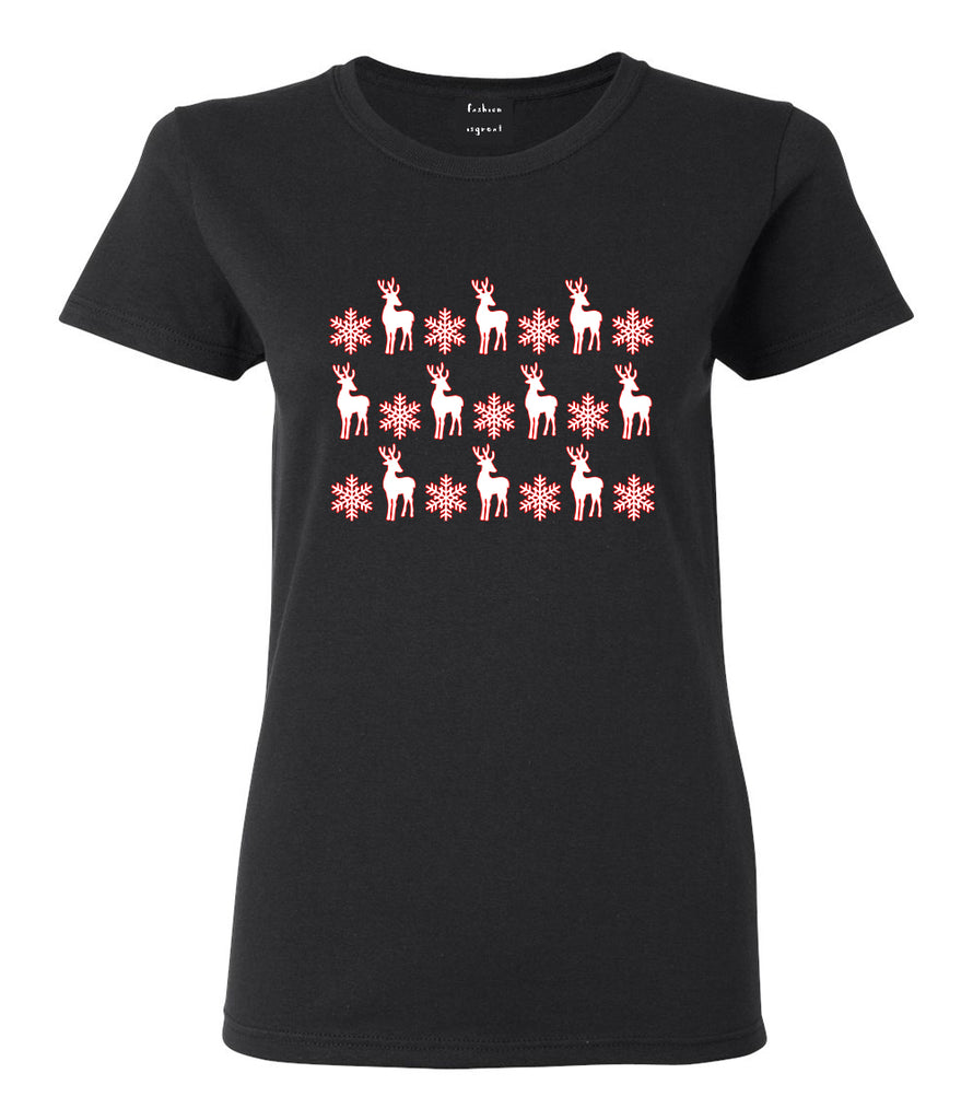 Reindeer Snowflake Christmas Red Black T-Shirt