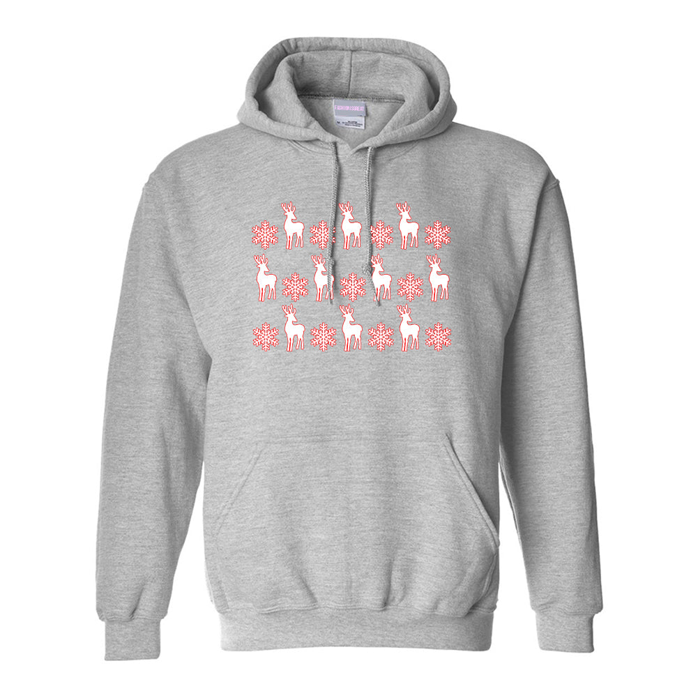 Reindeer Snowflake Christmas Red Grey Pullover Hoodie